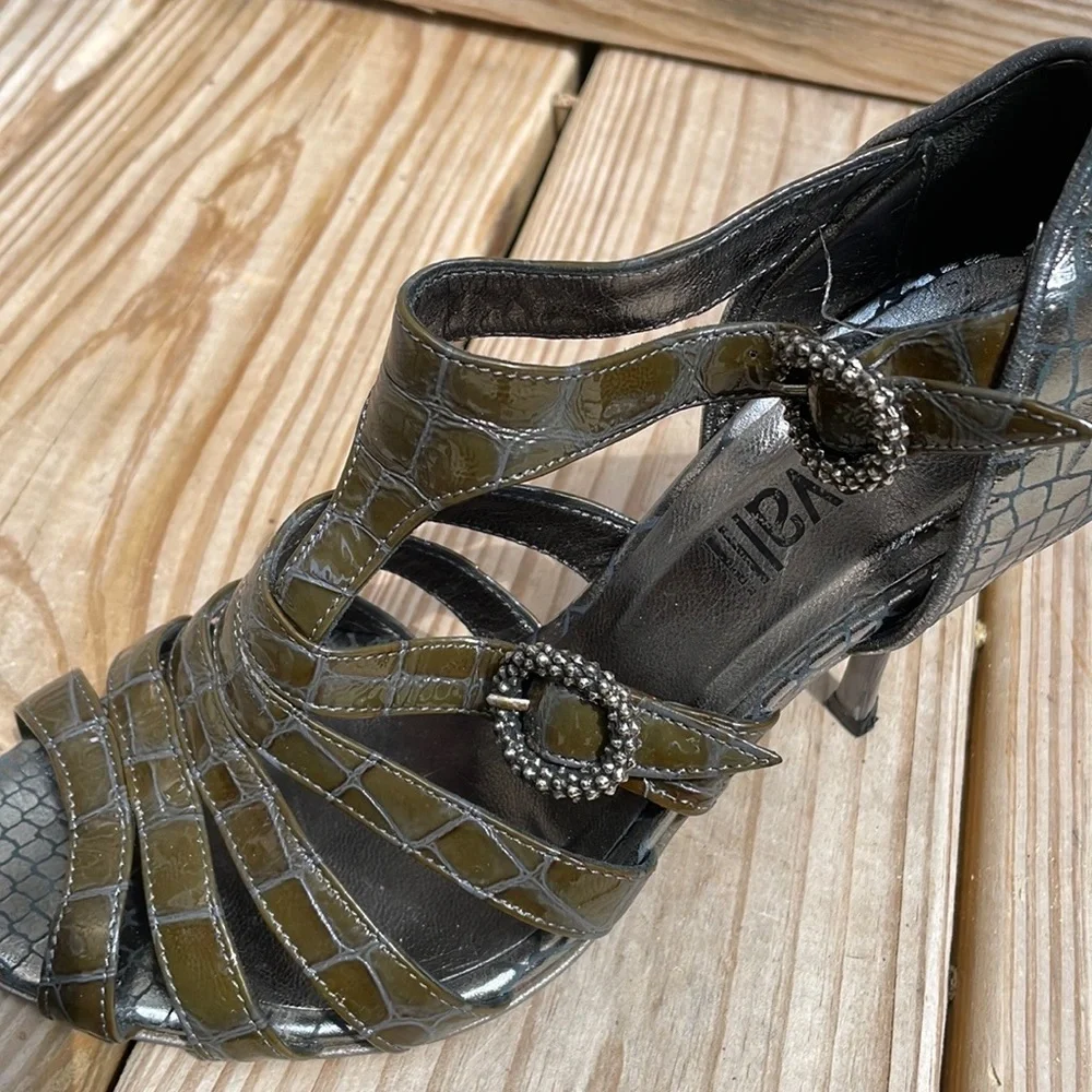 Just Cavalli Olive Green Embossed Leather Strappy Stiletto Sandals EU 37 US 6.5